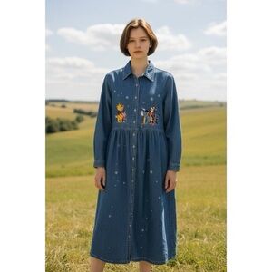 Vintage Disney Winnie The Pooh Dress Womens Large Denim Maxi Embroidered 90s